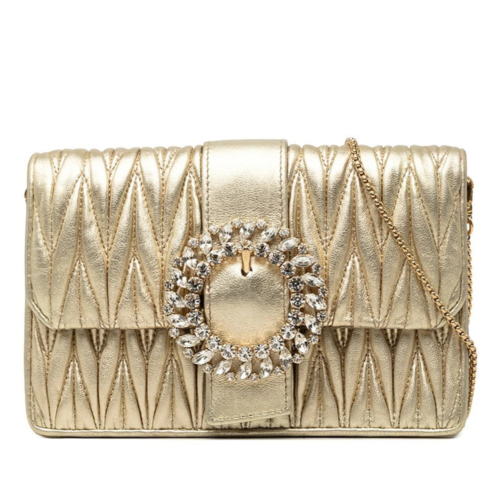 Miu Miu Matelasse Chain Shoulder Bag Rhinestones Gold Leather